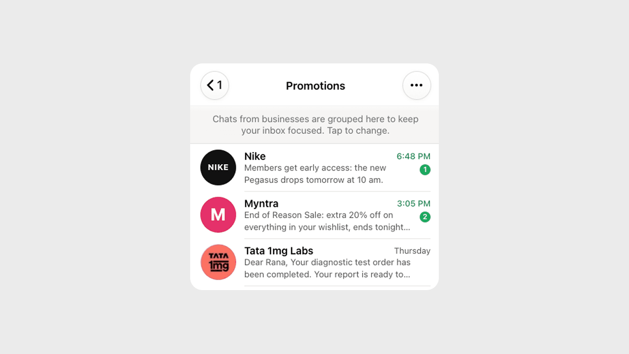 Focus Inbox showing a Promotions strip in the WhatsApp Chats tab