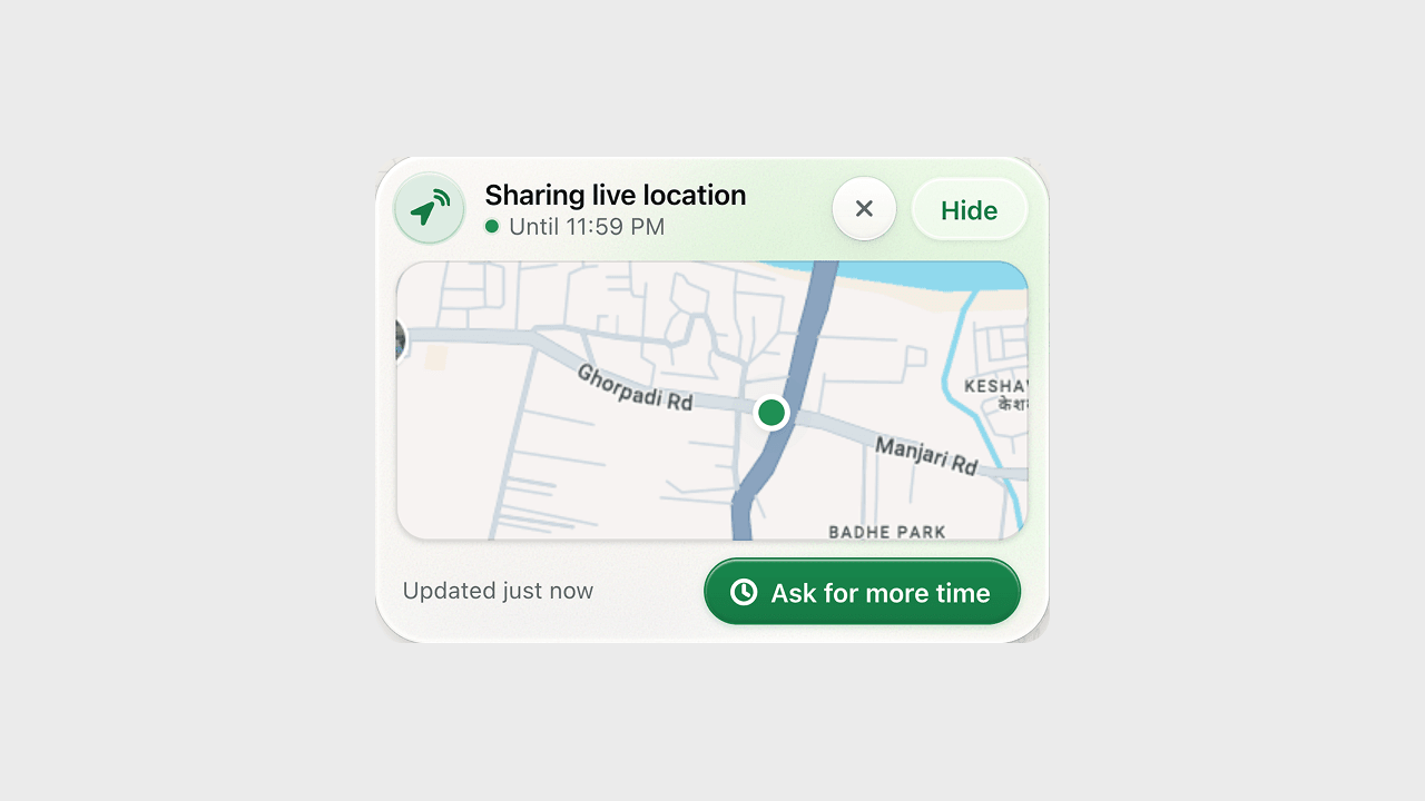 Live Pin expanded to show a shared live location map and an option to ask for more time
